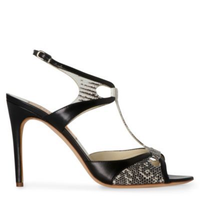 Silver Sandals - predominant colour: black; material: leather; heel height: high; embellishment: animal print, buckles; ankle detail: ankle strap; heel: stiletto; toe: open toe/peeptoe; style: standard; pattern: animal print