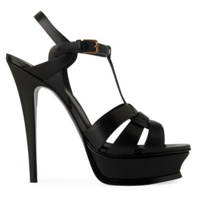 Tribute Leather Platform Sandals - predominant colour: black; material: leather; heel height: high; embellishment: buckles; ankle detail: ankle strap; heel: platform; toe: open toe/peeptoe; style: strappy