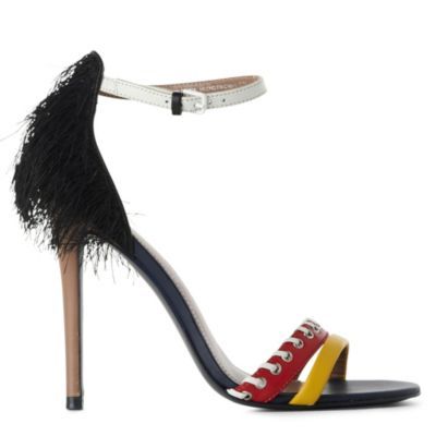 Jw Anderson Eakins Colour Block Sandals - predominant colour: multicoloured; material: leather; heel height: high; embellishment: feathers; ankle detail: ankle strap; heel: stiletto; toe: open toe/peeptoe; style: standard