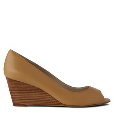 Powersurge Wedge Courts - predominant colour: tan; material: leather; heel height: mid; heel: wedge; toe: open toe/peeptoe; style: courts