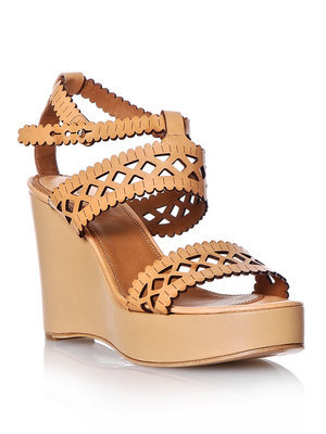 Laser Cut Leather Wedge Shoes - predominant colour: camel; material: leather; heel height: high; ankle detail: ankle strap; heel: wedge; toe: open toe/peeptoe; style: standard