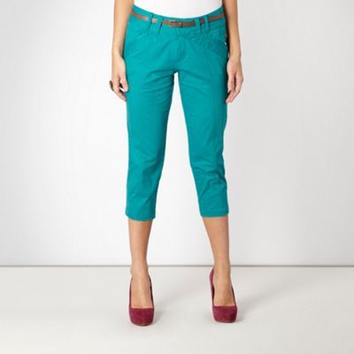Turquoise Cropped Chino Trousers - waist detail: fitted waist, belted waist/tie at waist/drawstring; waist: mid/regular rise; predominant colour: turquoise; occasions: casual; length: calf length; style: chino; fibres: cotton - mix; hip detail: side pleats at hip; fit: straight leg