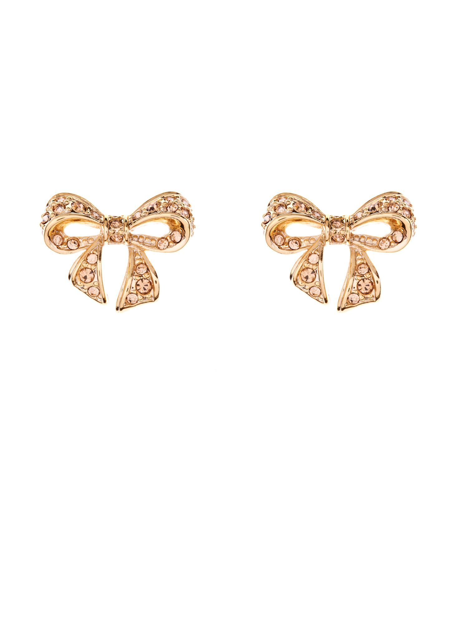 Pave Crystal Small Bow Earring, Topaz - predominant colour: gold; style: stud; length: short; size: small; material: chain/metal; fastening: pierced