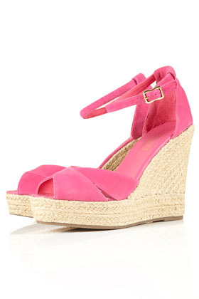 Whistle Espadrille Wedges - predominant colour: pink; material: fabric; heel height: high; ankle detail: ankle strap; heel: wedge; toe: open toe/peeptoe; style: strappy