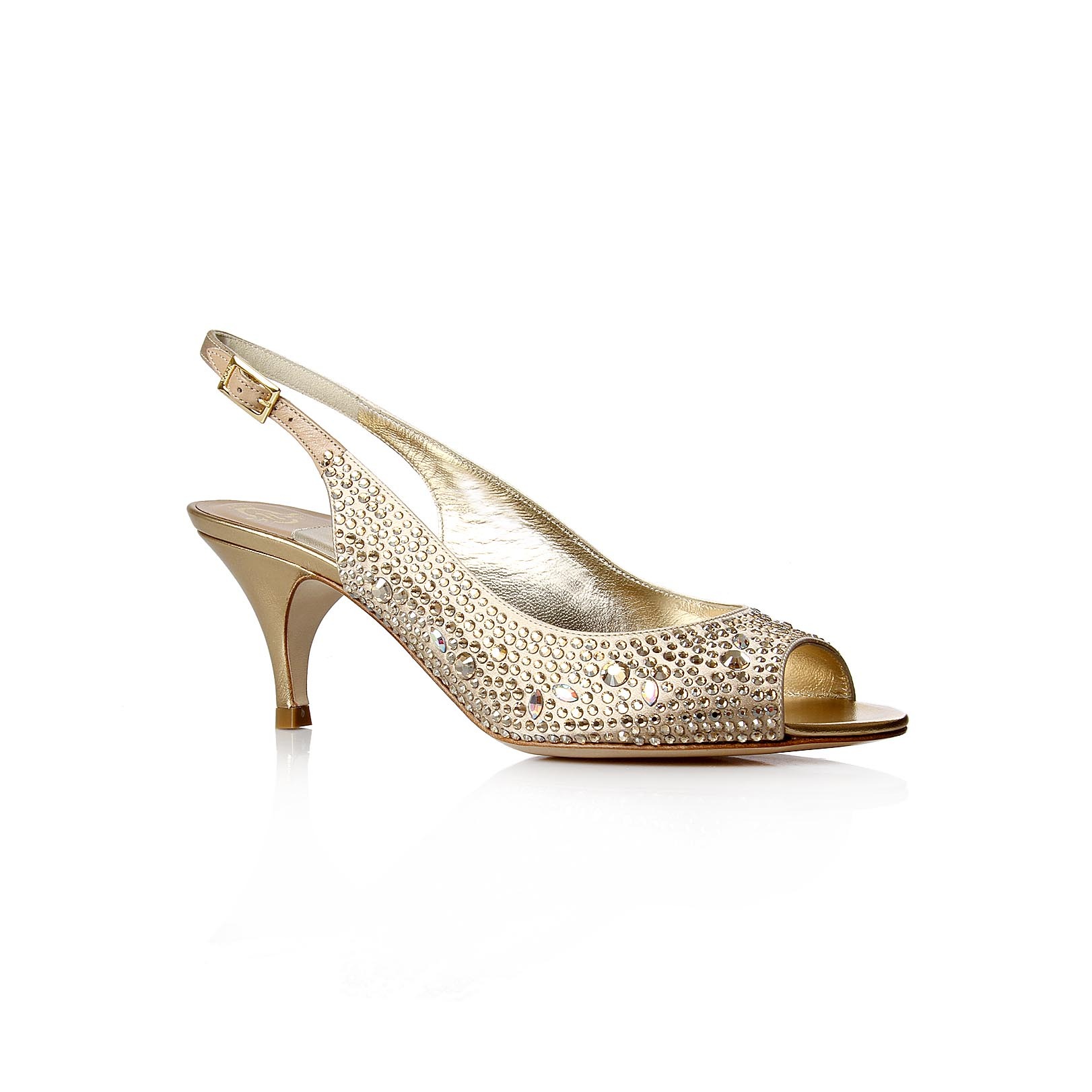Livi - predominant colour: champagne; material: fabric; heel height: mid; embellishment: jewels, sequins; heel: kitten; toe: open toe/peeptoe; style: slingbacks