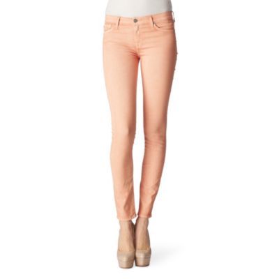 Sorbet Skinny Jeans - style: skinny leg; length: standard; pattern: plain; pocket detail: traditional 5 pocket; waist: mid/regular rise; predominant colour: coral; occasions: casual, evening; fibres: cotton - stretch; material texture: denim; trends: pastels; texture group: denim; pattern type: fabric; pattern size: standard