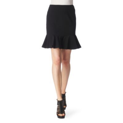 Ruffled Skirt - length: mid thigh; pattern: plain; style: ruffled; fit: tailored/fitted; waist detail: fitted waist, embellishment at waist/feature waistband; hip detail: fitted at hip, ruching/gathering at hip; waist: mid/regular rise; predominant colour: black; occasions: evening, work; fibres: polyester/polyamide - 100%; material texture: jersey; pattern type: fabric; pattern size: standard; texture group: jersey - stretchy/drapey