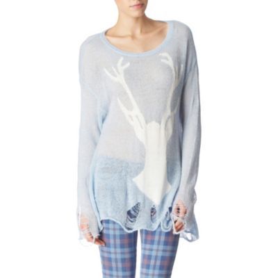 Stag Jumper - neckline: scoop neck; pattern: lightly patterned, picture design, patterned/print; length: below the bottom; style: fine knit; predominant colour: pale blue; occasions: casual; fibres: nylon - mix; material texture: jersey; fit: slim fit; trends: prints; sleeve length: long sleeve; sleeve style: standard; pattern type: knitted - other; pattern size: light/subtle; texture group: jersey - stretchy/drapey