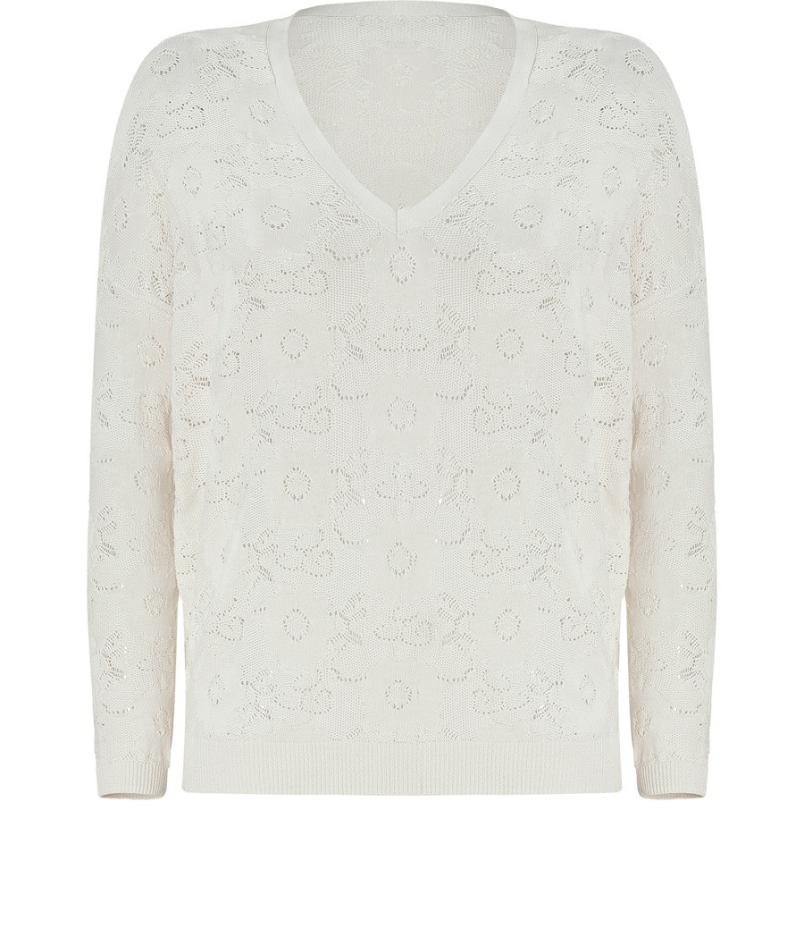 Ecru Cotton Saphir Pullover - neckline: v-neck; pattern: plain, lightly patterned, lace, patterned/print; style: standard; predominant colour: ivory; occasions: casual, work; length: standard; fibres: cotton - 100%; material texture: denim; fit: standard fit; hip detail: contrast fabric/print detail at hip; waist detail: fitted waist; trends: white; sleeve length: long sleeve; sleeve style: standard; texture group: denim; pattern type: knitted - other; pattern size: light/subtle