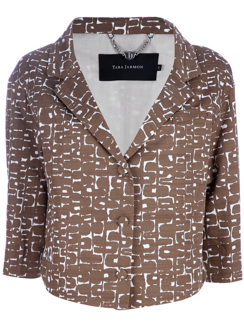Patterned Jacket - pattern: heavily patterned, print, patterned/print; style: single breasted blazer; length: cropped; collar: standard lapel/rever collar; predominant colour: chocolate brown; occasions: casual, work, occasion; fit: straight cut (boxy); fibres: polyester/polyamide - mix; trends: prints; sleeve length: 3/4 length; sleeve style: standard; pattern type: fabric; pattern size: big & busy