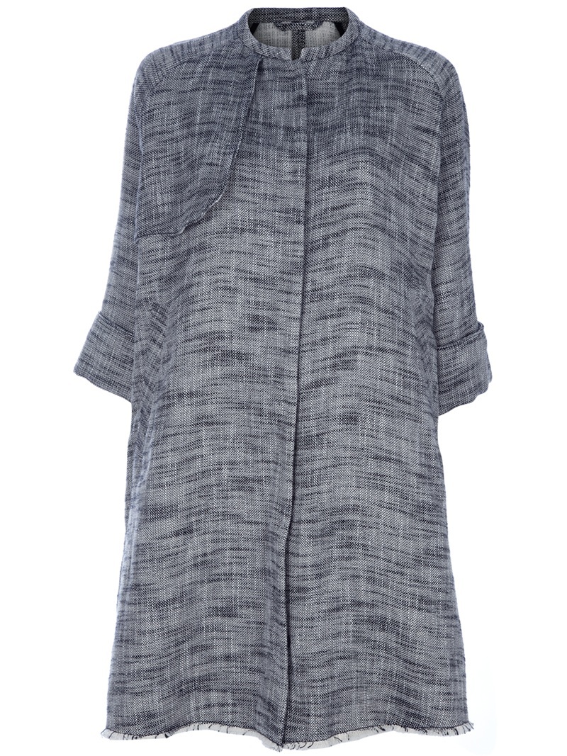Castle Tweed Jacket - style: single breasted blazer; bust detail: added detail/embellishment at bust; collar: round collar/collarless; length: below the bottom; pattern: herringbone/tweed, tweed; predominant colour: light grey; occasions: casual, work; fit: straight cut (boxy); fibres: cotton - mix; sleeve length: 3/4 length; sleeve style: standard; collar break: high; pattern type: fabric; pattern size: standard