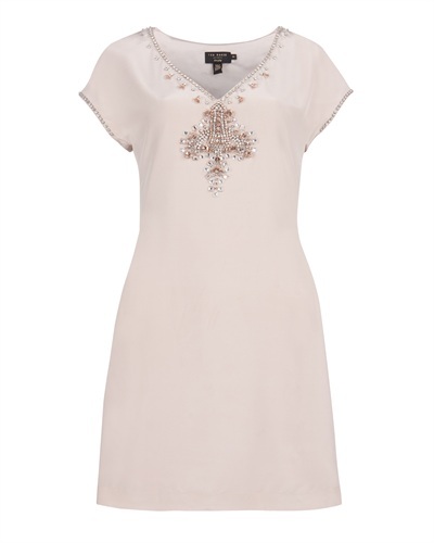 Ted Baker Zunay Embellished Silk Dress - style: shift; length: mid thigh; neckline: v-neck; pattern: plain; sleeve style: sleeveless; bust detail: added detail/embellishment at bust; waist detail: fitted waist; predominant colour: blush; occasions: casual, evening, occasion; fit: body skimming; fibres: silk - 100%; material texture: chiffon; trends: pastels; sleeve length: sleeveless; texture group: sheer fabrics/chiffon/organza etc.; pattern type: fabric; pattern size: small & light; embellishment: beading