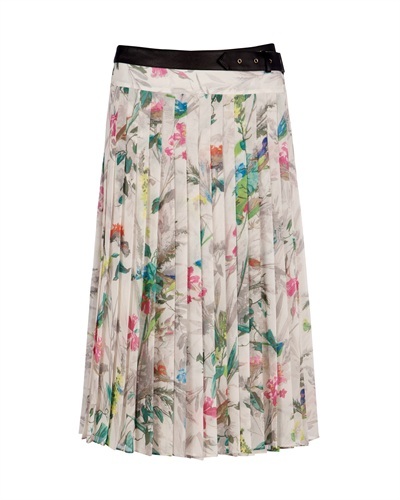 Ted Baker Lyza Printed Midi Skirt - length: below the knee; pattern: floral - busy, print, picture design, abstract, florals, patterned/print; fit: loose/voluminous; style: pleated; waist detail: fitted waist, belted waist/tie at waist/drawstring; waist: mid/regular rise; predominant colour: ivory; occasions: casual, work; fibres: polyester/polyamide - 100%; material texture: chiffon; hip detail: structured pleats at hip; trends: prints; texture group: sheer fabrics/chiffon/organza etc.; pattern type: fabric; pattern size: small & busy