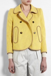 Double Breasted Tweed Jacket - pattern: plain, herringbone/tweed, tweed; style: double breasted blazer; shoulder detail: shoulder pads; hip detail: side pockets at hip; collar: standard lapel/rever collar; predominant colour: primrose yellow; occasions: casual, evening, work; length: standard; fit: straight cut (boxy); fibres: cotton - mix; material texture: calico; back detail: back vent/flap at back; trends: pastels; sleeve length: long sleeve; sleeve style: standard; texture group: cotton feel fabrics; pattern type: fabric; pattern size: standard