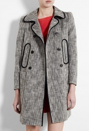 Double Breasted Tweed A Line Coat - bust detail: added detail/embellishment at bust; hip detail: side pockets at hip; style: double breasted; shoulder detail: tiers/frills/ruffles; collar: standard lapel/rever collar; pattern: herringbone/tweed, tweed; length: mid thigh; predominant colour: sage; occasions: casual, work; fit: straight cut (boxy); fibres: cotton - mix; back detail: back vent/flap at back; sleeve length: long sleeve; sleeve style: standard; pattern type: fabric; pattern size: standard