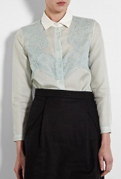 Lace Print Silk Shirt - neckline: shirt collar/peter pan/zip with opening; pattern: plain, two-tone, lace; style: shirt; shoulder detail: contrast pattern/fabric at shoulder; bust detail: buttons at bust (in middle at breastbone)/zip detail at bust, contrast pattern/fabric/detail at bust; predominant colour: ivory; occasions: casual, evening, work; length: standard; fibres: silk - 100%; material texture: lace; fit: body skimming; trends: pastels; sleeve length: long sleeve; sleeve style: standard; texture group: lace; pattern type: fabric; pattern size: standard