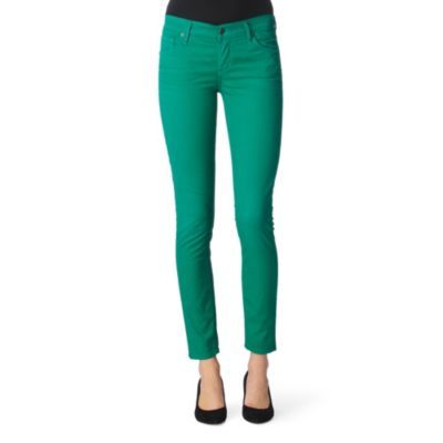 Thompson Skinny Jeans - style: skinny leg; pattern: plain; waist: low rise; pocket detail: traditional 5 pocket; predominant colour: emerald green; occasions: casual, evening; length: ankle length; fibres: cotton - stretch; material texture: denim; trends: brights; texture group: denim; pattern type: fabric; pattern size: standard
