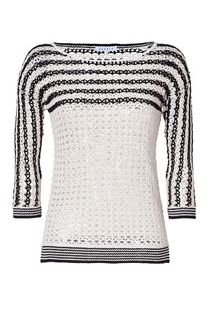 Ecru And Black Striped Mesh Cotton Pullover - neckline: slash/boat neckline; pattern: horizontal stripes, holey knit; style: standard; predominant colour: ivory; occasions: casual; length: standard; fibres: cotton - 100%; fit: standard fit; trends: prints; sleeve length: 3/4 length; sleeve style: standard; pattern type: knitted - other; pattern size: standard