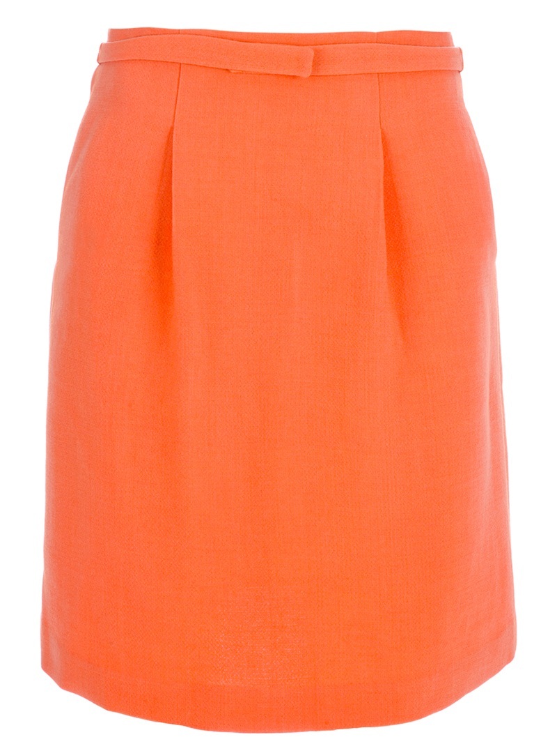 Belted Skirt - pattern: plain; style: straight; fit: tailored/fitted; hip detail: fitted at hip; waist detail: belted waist/tie at waist/drawstring; waist: mid/regular rise; predominant colour: bright orange; occasions: casual, evening, work; length: just above the knee; fibres: polyester/polyamide - 100%; trends: brights; pattern type: fabric; pattern size: standard
