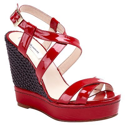 Cilla Patent Strappy Wedge Sandals, Red - predominant colour: true red; material: patent; heel height: high; ankle detail: ankle strap; heel: wedge; toe: open toe/peeptoe; style: strappy; finish: patent