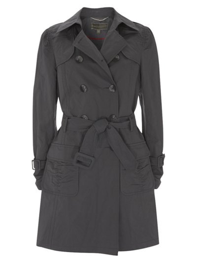 Trench Coat, Slate - pattern: plain; collar: round collar/collarless; style: trench coat; hip detail: front pockets at hip; length: mid thigh; predominant colour: charcoal; occasions: casual; fit: tailored/fitted; fibres: cotton - mix; material texture: velvet; waist detail: belted waist/tie at waist/drawstring; sleeve length: long sleeve; sleeve style: standard; texture group: corduroy; collar break: high; pattern type: fabric; pattern size: standard