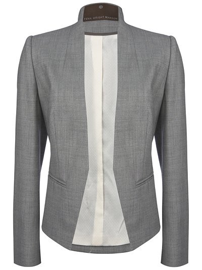 Tailoring Jacket, Grey - pattern: plain; shoulder detail: shoulder pads; collar: shawl/waterfall; hip detail: front pockets at hip; style: tailored/fitted; predominant colour: light grey; occasions: work; length: standard; fit: tailored/fitted; fibres: wool - mix; sleeve length: long sleeve; sleeve style: standard; collar break: low/open; pattern type: fabric; pattern size: standard