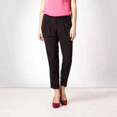 Black Slinky Satin Trousers - length: standard; waist detail: fitted waist, belted waist/tie at waist/drawstring; waist: mid/regular rise; predominant colour: black; occasions: casual, work; fibres: polyester/polyamide - 100%; material texture: satin; hip detail: side pleats at hip; texture group: structured shiny - satin/tafetta/silk etc.; fit: slim leg; style: standard