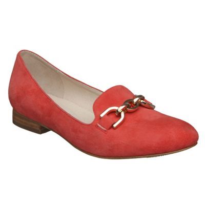 Coral Suede Chain Trim Loafers - predominant colour: coral; material: suede; heel height: flat; embellishment: snaffles; toe: round toe; style: loafers
