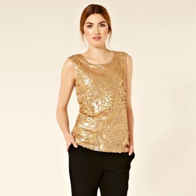 Patterned Sequin Shell - neckline: round neck; pattern: plain; sleeve style: sleeveless; waist detail: fitted waist; style: t-shirt; predominant colour: gold; occasions: evening, occasion; length: standard; fibres: polyester/polyamide - 100%; material texture: metallic; fit: body skimming; sleeve length: sleeveless; pattern type: fabric; pattern size: standard; embellishment: sequins