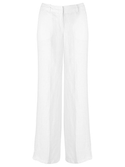 Linen Trousers, White - length: standard; pocket detail: small back pockets, pockets at the sides; waist detail: belted waist/tie at waist/drawstring, narrow waistband; waist: mid/regular rise; predominant colour: white; occasions: casual, work; fibres: linen - 100%; material texture: jersey; trends: white; fit: wide leg; texture group: jersey - stretchy/drapey; style: standard