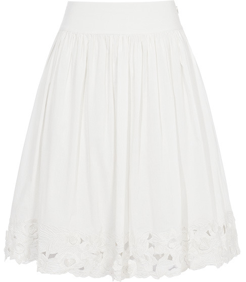 Giselle Embroidered Hem Skirt - pattern: plain; style: full/prom skirt; fit: loose/voluminous; waist detail: fitted waist, wide waistband/cummerbund; waist: mid/regular rise; predominant colour: ivory; occasions: casual; length: just above the knee; fibres: cotton - 100%; hip detail: soft pleats at hip/draping at hip/flared at hip; trends: white; pattern type: fabric; pattern size: standard; embellishment: embroidered