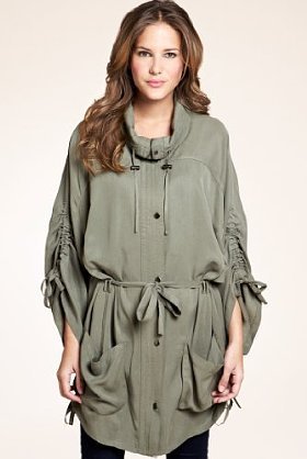 Indigo Collection Funnel Neck Ruched Parka - pattern: plain; length: below the bottom; hip detail: side pockets at hip; style: parka; collar: high neck; fit: slim fit; predominant colour: khaki; occasions: casual; fibres: polyester/polyamide - mix; waist detail: fitted waist, belted waist/tie at waist/drawstring; sleeve length: long sleeve; sleeve style: standard; collar break: high; pattern type: fabric; pattern size: standard