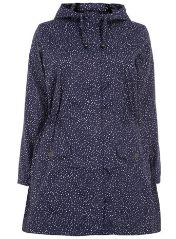 Scatter Spot Print Rain Mac - pattern: print, small polka dot, polka dot, patterned/print; length: below the bottom; style: mac; back detail: hood; hip detail: front pockets at hip; collar: hooded with opening; predominant colour: navy; occasions: casual; fit: tailored/fitted; fibres: polyester/polyamide - 100%; trends: prints; sleeve length: long sleeve; sleeve style: standard; pattern type: fabric; pattern size: small & busy