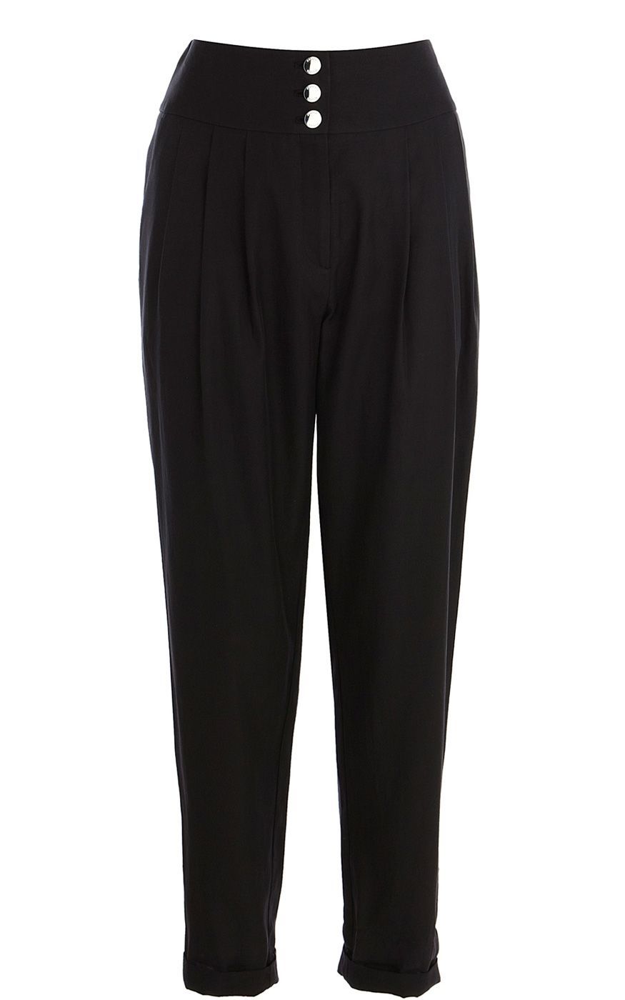 Women's Soft Trousers, Black - waist detail: fitted waist, wide waistband/cummerbund; waist: mid/regular rise; predominant colour: black; occasions: casual, evening, work; length: ankle length; fibres: cotton - mix; hip detail: front pleats at hip level; fit: tapered; style: standard