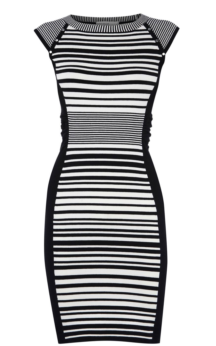 Women's Striped Knit Collection Dress, Black - style: jumper dress; neckline: round neck; sleeve style: capped; fit: tight; pattern: horizontal stripes; waist detail: fitted waist; hip detail: fitted at hip; predominant colour: black; occasions: casual, evening, work; length: just above the knee; fibres: polyester/polyamide - stretch; sleeve length: short sleeve; pattern type: fabric; pattern size: standard