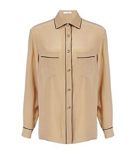 Silk Blouse - neckline: shirt collar/peter pan/zip with opening; pattern: plain; style: blouse; bust detail: buttons at bust (in middle at breastbone)/zip detail at bust; predominant colour: stone; occasions: casual; length: standard; fibres: silk - 100%; fit: body skimming; sleeve length: long sleeve; sleeve style: standard; pattern type: fabric; pattern size: standard