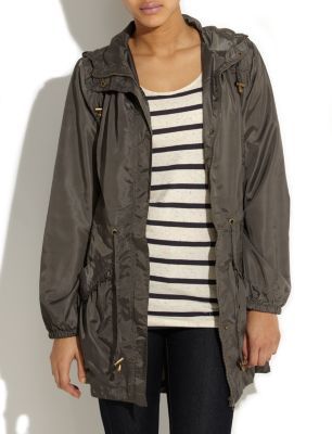 Navy Parka Jacket - pattern: plain; hip detail: side pockets at hip, front pockets at hip; style: parka; back detail: hood; fit: slim fit; collar: hooded with opening; length: mid thigh; predominant colour: khaki; occasions: casual; fibres: polyester/polyamide - 100%; waist detail: belted waist/tie at waist/drawstring; sleeve length: long sleeve; sleeve style: standard; pattern type: fabric; pattern size: standard