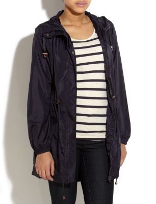 Navy Parka Jacket - pattern: plain; hip detail: side pockets at hip, front pockets at hip; style: parka; back detail: hood; fit: slim fit; collar: hooded with opening; length: mid thigh; predominant colour: navy; occasions: casual; fibres: polyester/polyamide - 100%; waist detail: belted waist/tie at waist/drawstring; trends: aquatic; sleeve length: long sleeve; sleeve style: standard; pattern type: fabric; pattern size: standard