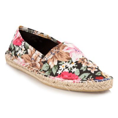 Black Floral Printed Espadrilles - predominant colour: multicoloured; material: fabric; heel height: flat; embellishment: print; toe: round toe; style: ballerinas / pumps; pattern: patterned/print