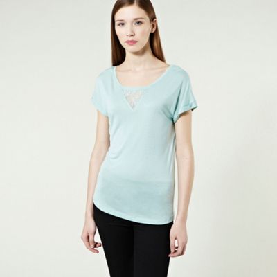 Lace Insert Tee - neckline: round neck; pattern: plain; style: t-shirt; predominant colour: pistachio; occasions: casual; length: standard; fibres: polyester/polyamide - 100%; material texture: jersey; fit: body skimming; bust detail: contrast pattern/fabric/detail at bust; trends: pastels; sleeve length: short sleeve; sleeve style: standard; pattern type: fabric; pattern size: standard; texture group: jersey - stretchy/drapey