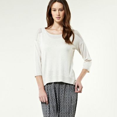 Floral Pointelle Jumper - neckline: scoop neck; style: standard; back detail: contrast pattern/fabric at back, longer hem at back than at front; predominant colour: ivory; occasions: casual; length: standard; fibres: cotton - mix; hip detail: dip hem; material texture: silky; trends: white; sleeve length: 3/4 length; sleeve style: standard; texture group: silky - light; pattern type: knitted - other; pattern size: standard; embellishment: embroidered