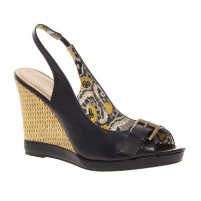 Black Buckle Trim Raffia Wedge Sandals - predominant colour: black; material: faux leather; heel height: high; embellishment: buckles; ankle detail: ankle strap; heel: wedge; toe: open toe/peeptoe; style: slingbacks