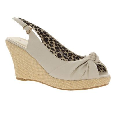 Beige Knot Detail Wedge Sandals - predominant colour: stone; material: faux leather; heel height: high; embellishment: buckles; ankle detail: ankle strap; heel: wedge; toe: open toe/peeptoe; style: slingbacks