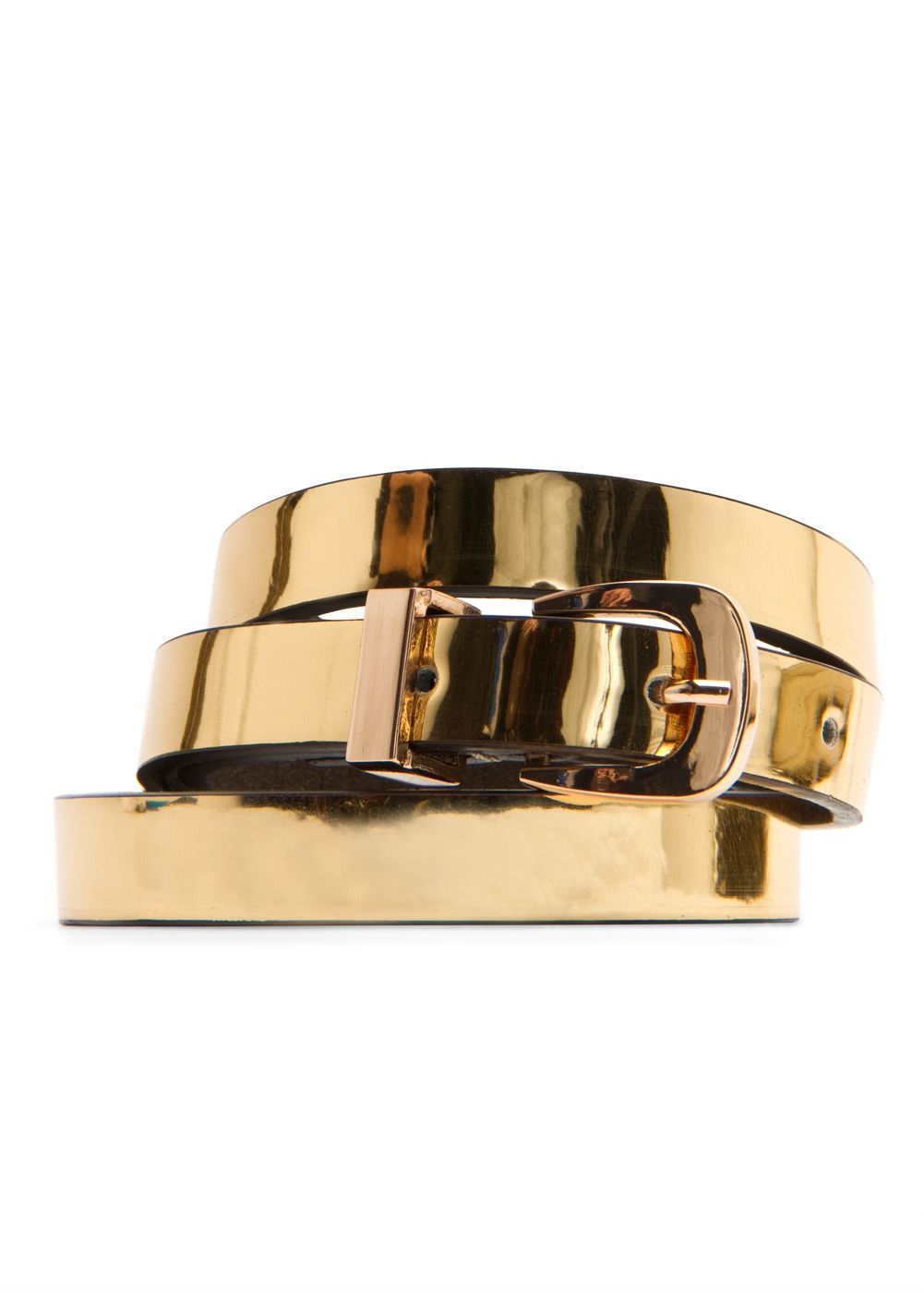 Shiny Effect Belt, Gold - predominant colour: gold; style: classic; size: skinny; worn on: waist; material: patent; pattern: plain; finish: patent