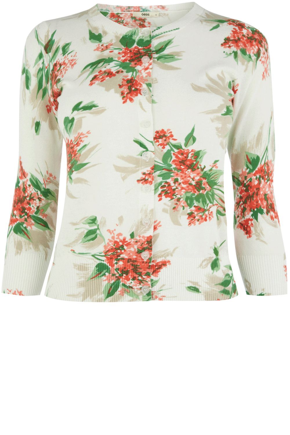 Women's Gatsby Floral Print Cardi, Multi Coloured - neckline: round neck; pattern: floral - busy, floral - light, florals; style: fine knit; bust detail: buttons at bust (in middle at breastbone)/zip detail at bust; predominant colour: white; occasions: casual, work; length: standard; fibres: cotton - 100%; fit: slim fit; trends: prints; sleeve length: 3/4 length; sleeve style: standard; pattern type: knitted - other; pattern size: light/subtle