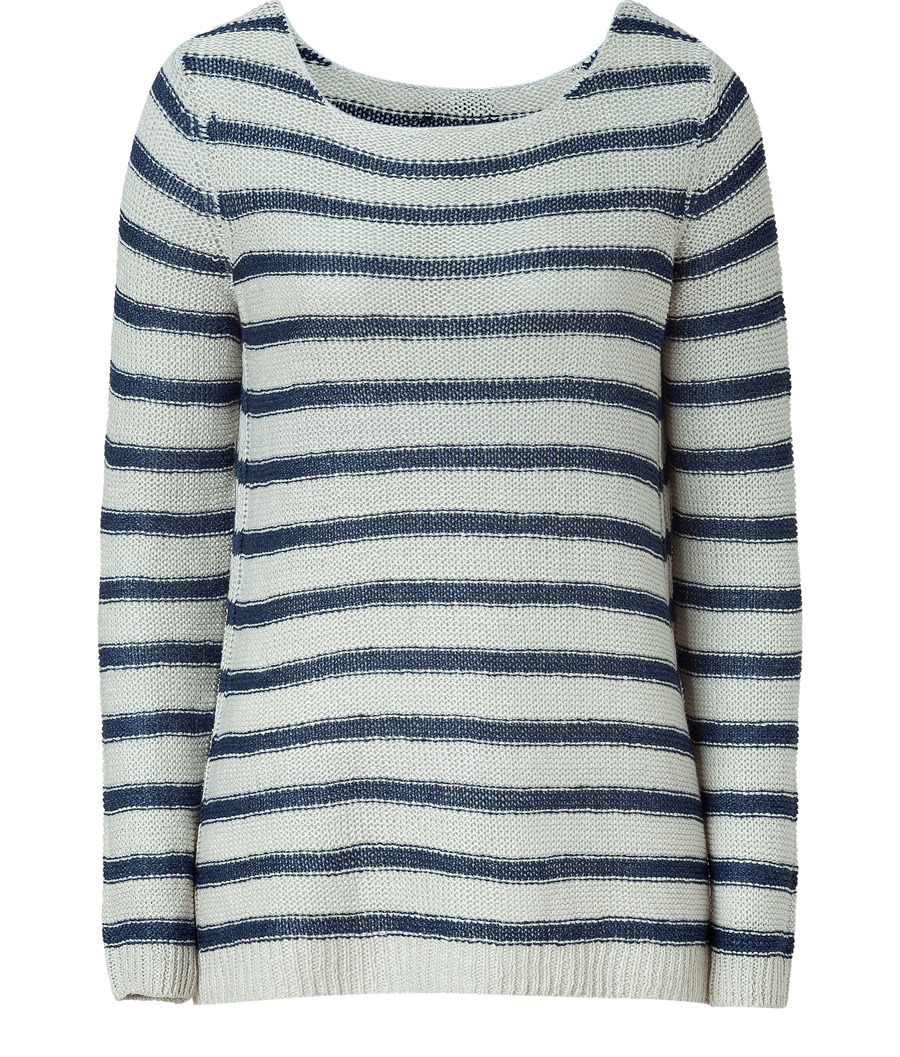 Buttermilk And Navy Striped Linen Sweater - neckline: scoop neck; pattern: horizontal stripes; length: below the bottom; style: chunky knit; predominant colour: navy; occasions: casual; fibres: linen - 100%; fit: loose; trends: prints; sleeve length: long sleeve; sleeve style: standard; pattern type: knitted - other; pattern size: standard