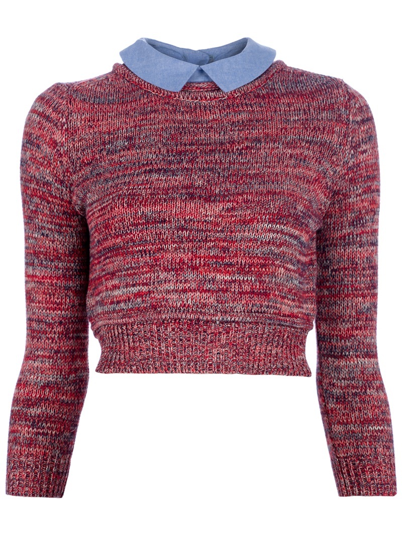 Knitted Cotton Sweater - neckline: shirt collar/peter pan/zip with opening; length: cropped; style: standard; pattern: herringbone/tweed, tweed; occasions: casual; fibres: cotton - 100%; fit: slim fit; waist detail: fitted waist; predominant colour: multicoloured; trends: prints; sleeve length: 3/4 length; sleeve style: standard; pattern type: knitted - other; pattern size: standard