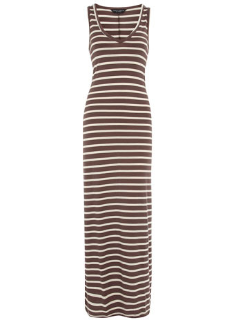 Mink And Ivory Stripe Maxi - neckline: low v-neck; pattern: horizontal stripes; sleeve style: sleeveless; style: maxi dress; length: ankle length; waist detail: fitted waist; hip detail: fitted at hip; predominant colour: chocolate brown; occasions: casual; fit: body skimming; fibres: polyester/polyamide - 100%; material texture: jersey; trends: prints; sleeve length: sleeveless; pattern type: fabric; pattern size: standard; texture group: jersey - stretchy/drapey