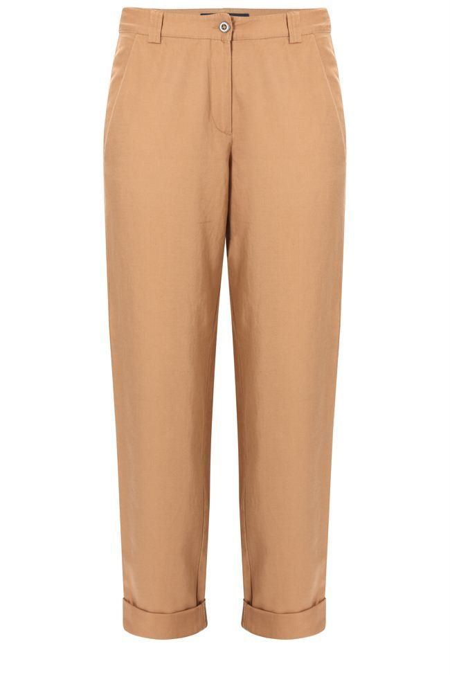 Women's Laurita Linen Roll Up Trousers, Tan - pocket detail: small back pockets, pockets at the sides; style: peg leg; waist: mid/regular rise; predominant colour: tan; occasions: casual, evening, work; length: ankle length; fibres: linen - mix; hip detail: fitted at hip (bottoms); waist detail: narrow waistband; jeans & bottoms detail: turn ups; fit: baggy