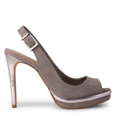 Away Metallic Slingback Sandals - predominant colour: charcoal; material: suede; heel height: high; ankle detail: ankle strap; heel: stiletto; toe: open toe/peeptoe; style: slingbacks
